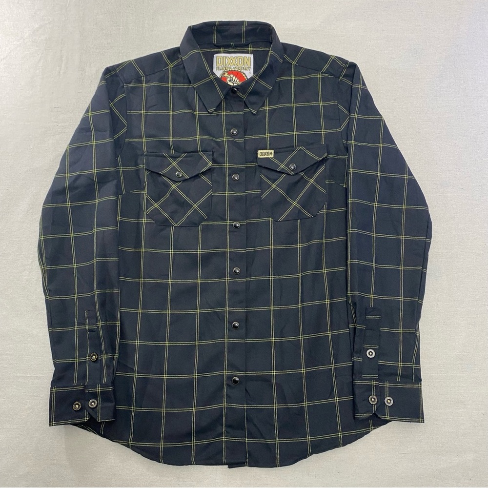 EUC Dixxon Stay Gold Flannel Shirt Women’s L Black Yellow WindowPane Pearl Snap